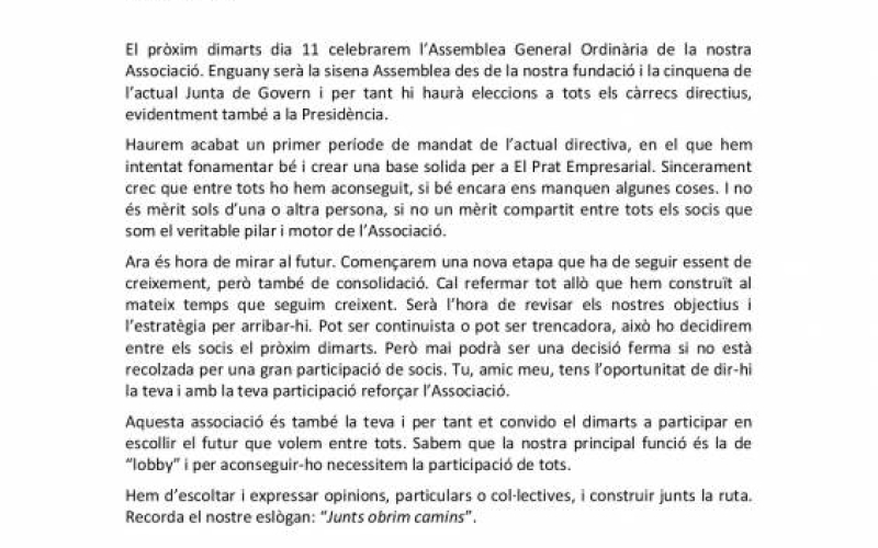 Carta del President del Prat Empresarial, Jordi Morera, a tots els associats 